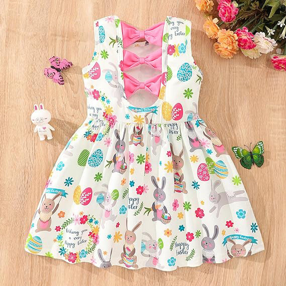 Baby's Bowknot Decor Cut Out Design Easter Style Dress, Casual Bunny & Egg Pattern Sleeveless Dress, Infant & Toddler Girl's Clothing For Summer/Spring, As Gift