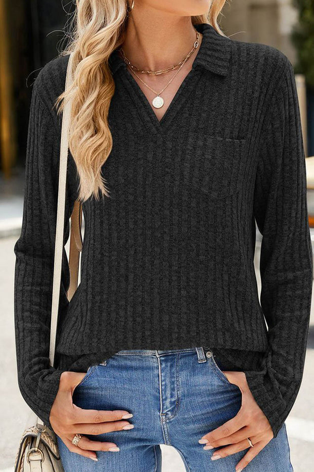 Solid Color Lapel V-neck Pocket Long Sleeve Loose Brushed Top