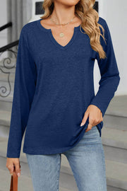 V-neck Solid Color Loose Long-sleeved T-shirt Top