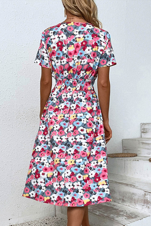 Retro Floral V Neck Short Sleeve Midi Dress