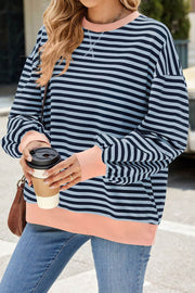 Striped Round Neck Colorblock Loose Long Sleeve Sweatshirt