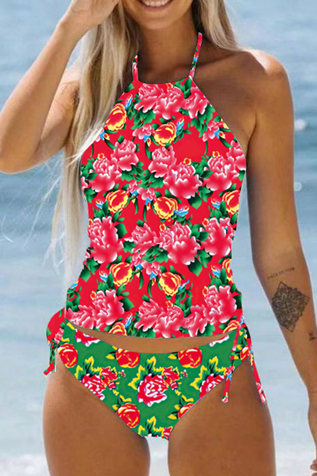 Simple resort-style red bottom and red flower halterneck two-piece swimsuit