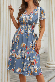 Floral V Neck Short Sleeve Midi Dress