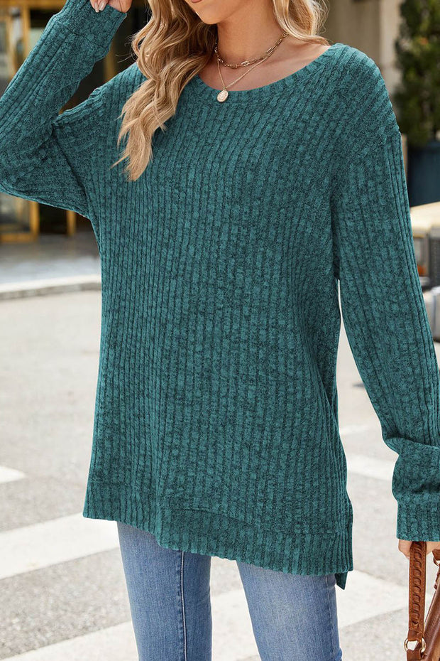 Solid Color Round Neck Long Sleeve Brushed Slit Pullover