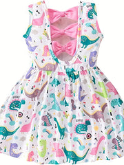 Baby Girls Cute Dress, Cute Cartoon Dinosaur Print Bow Back Dress