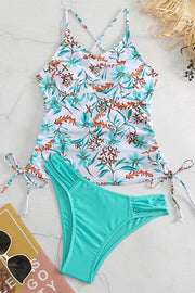 Floral Print Cross Strap Lace-up Two Pieces Swimsuit