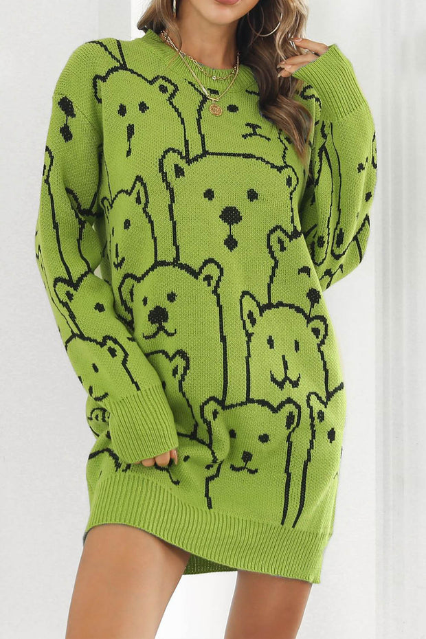 Little Bear Jacquard V-Neck Long Sleeve Sweater Dress