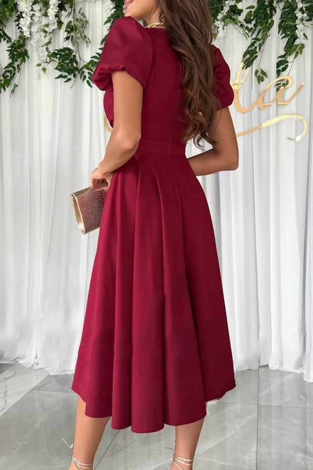 V Neck Solid Color Puff Sleeve Midi Dress