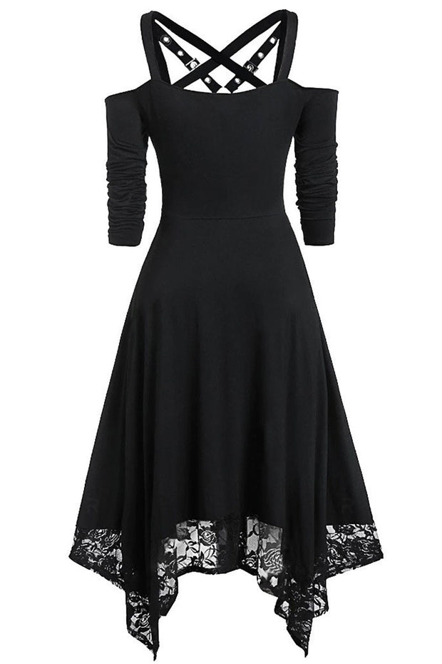Gothic High Waist Ruffle A-Line Dresses With Shoulder Bandage