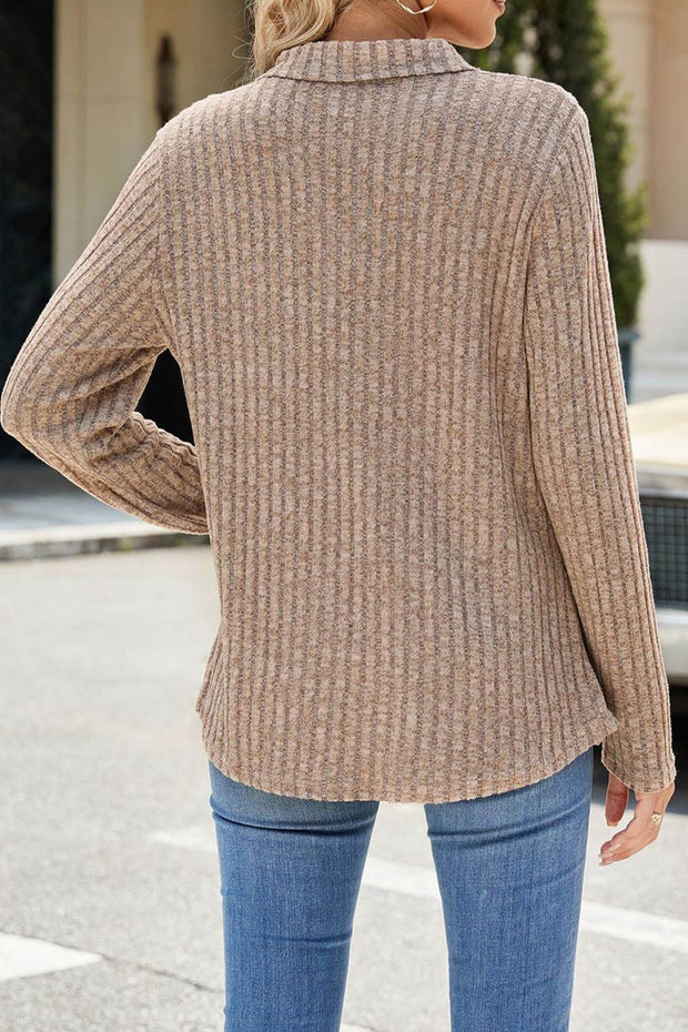 Solid Color Lapel V-neck Pocket Long Sleeve Loose Brushed Top