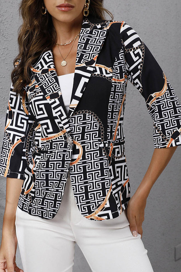 Printed Lapel Three-quarter Sleeve Suit Blazer Jacket