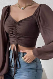 V-neck Chiffon Drawstring Lantern Sleeve Tight Sexy Shirt