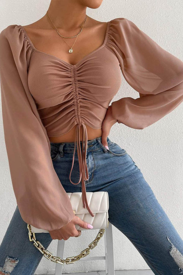 V-neck Chiffon Drawstring Lantern Sleeve Tight Sexy Shirt In Light Colors