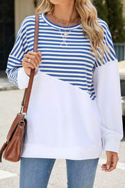 Solid Color Striped Colorblock Round Neck Long Sleeve Sweatshirt