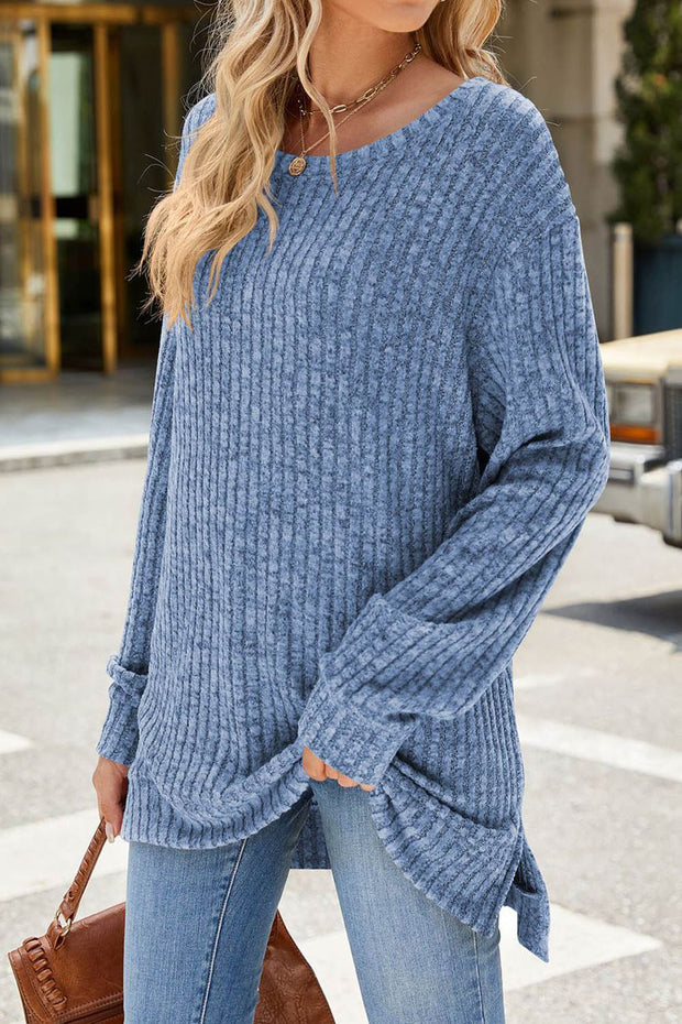 Solid Color Round Neck Long Sleeve Brushed Slit Pullover