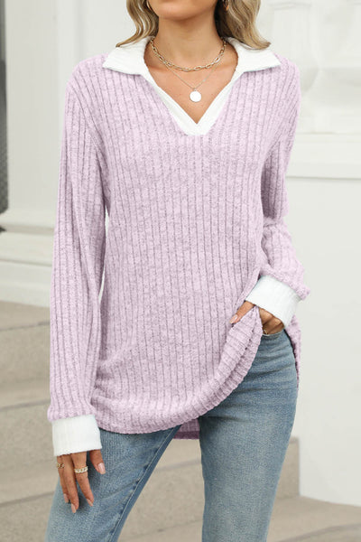 Colorblock Lapel V-neck Long Sleeve Loose Brushed Pullover