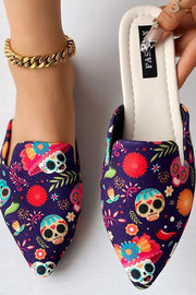 Chic Halloween Skull Print Slippers With Pointed Toe Design