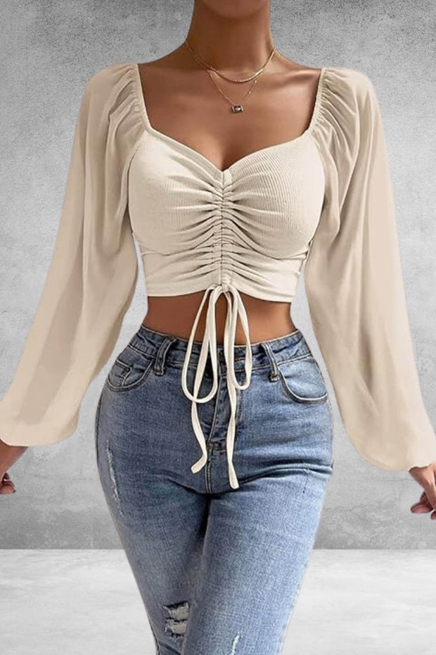 V-neck Chiffon Drawstring Lantern Sleeve Tight Sexy Shirt In Light Colors