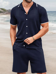 Men's business casual solid color short-sleeved Hawaiian collar shorts sweater shirt two-piece set
