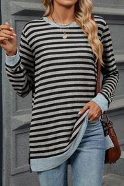 Striped Colorblock Round Neck Loose Long Sleeve T-shirt