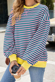 Striped Round Neck Colorblock Loose Long Sleeve Sweatshirt