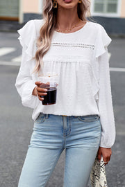Long Sleeve Ruffle Round Neck Casual Tops