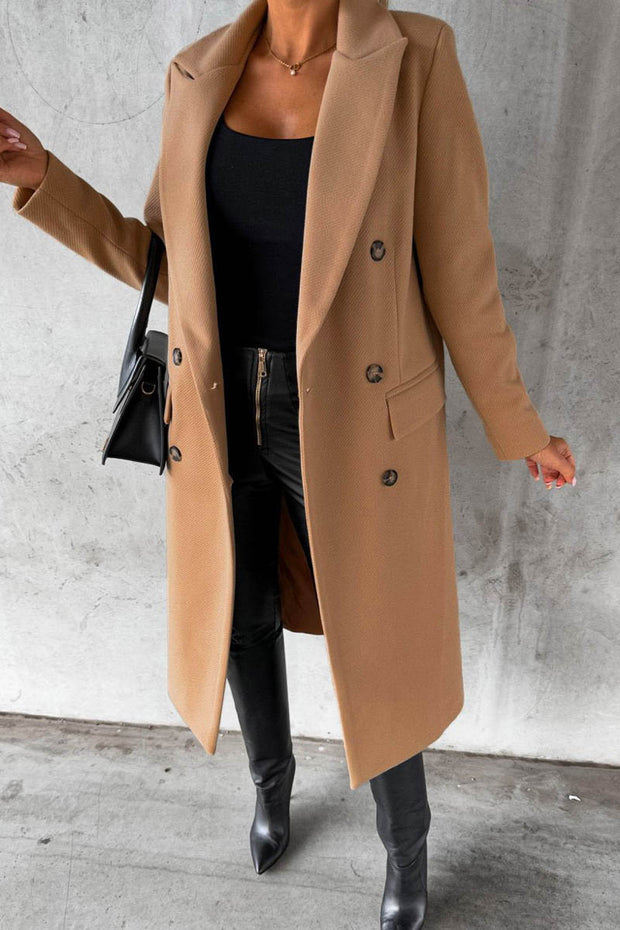 Solid Color Long Sleeve Double Breasted Coat with Pockets