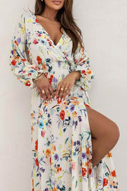 Printed V-neck Slit Long Sleeve Dress