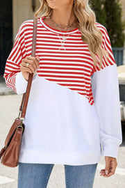 Solid Color Striped Colorblock Round Neck Long Sleeve Sweatshirt