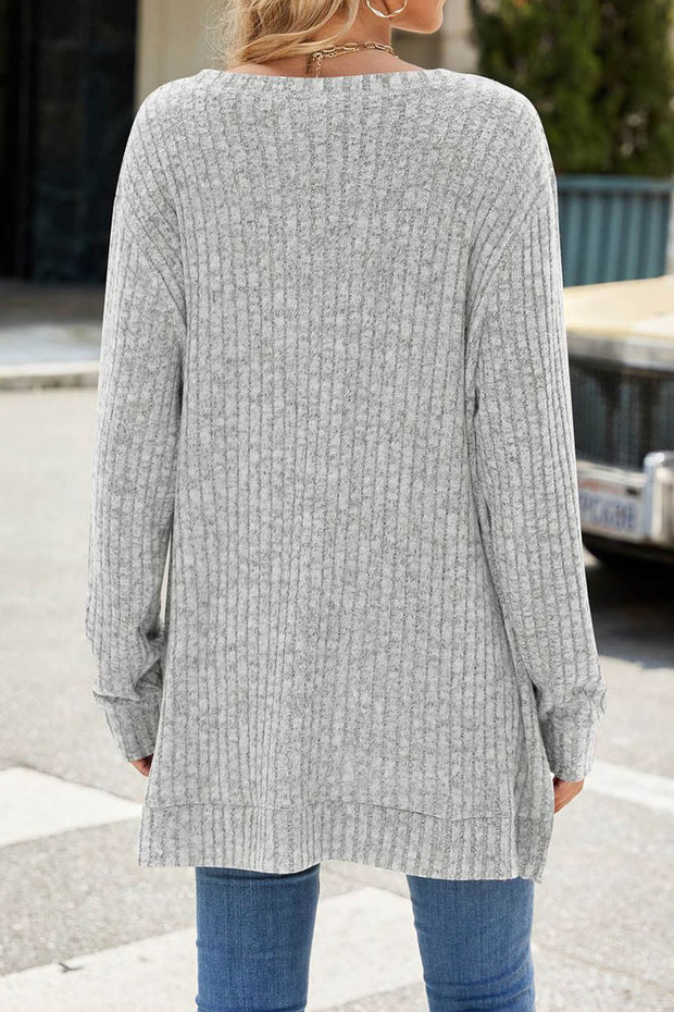 Solid Color Round Neck Long Sleeve Brushed Slit Pullover