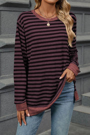 Striped Colorblock Round Neck Loose Long Sleeve T-shirt