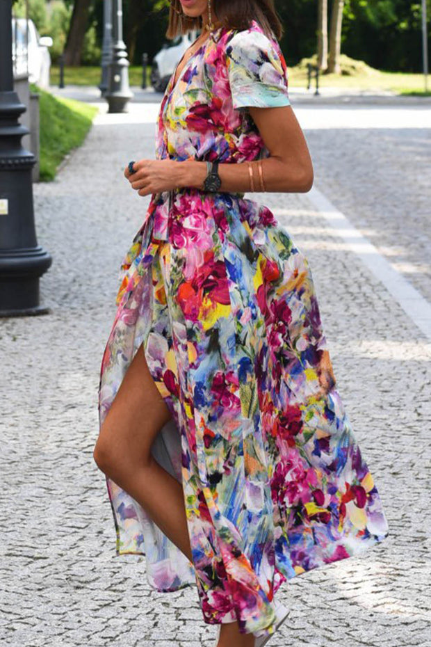 Printed Slit V Neck Midi Dress