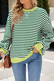 Striped Round Neck Colorblock Loose Long Sleeve Sweatshirt