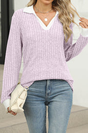 Colorblock Lapel V-neck Long Sleeve Loose Brushed Pullover