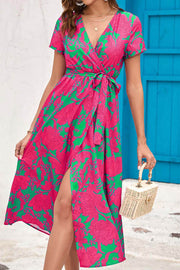 Printed Slit V Neck Midi Dress