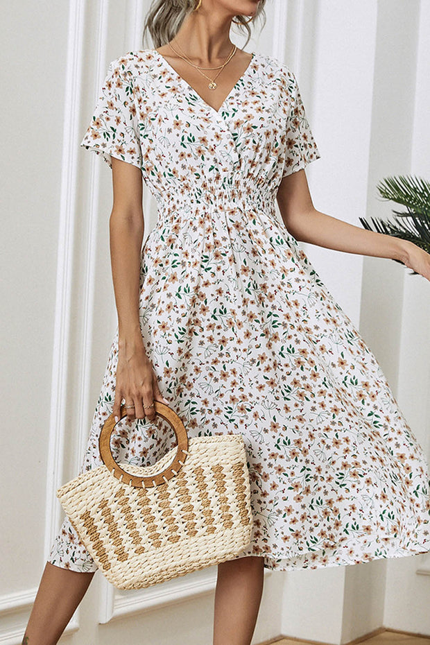 Retro Floral V Neck Short Sleeve Midi Dress