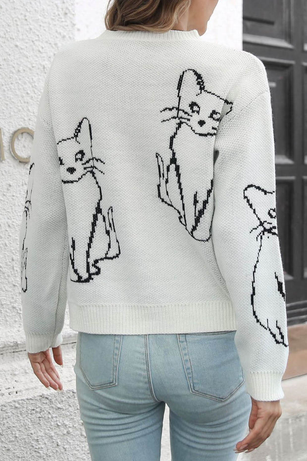 Cat Jacquard Loose Long Sleeve Sweater