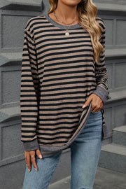 Striped Colorblock Round Neck Loose Long Sleeve T-shirt