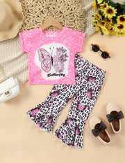 Baby's Butterfly Letter Print 2pcs Casual Outfit, T-shirt & Leopard Pattern Flared Pants Set, Toddler & Infant Girl's Clothes For Daily/Holiday/Party