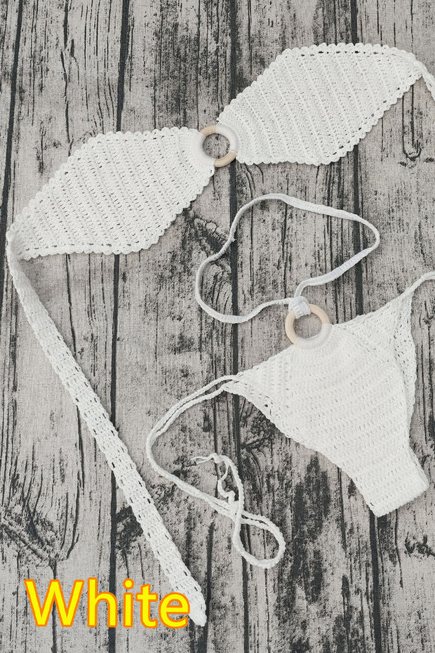 Handmade Crocheted Female Chest Wooden Ring Link Triangle Bikini Sexy Set