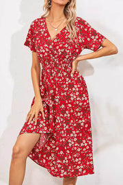 Retro Floral V Neck Short Sleeve Midi Dress