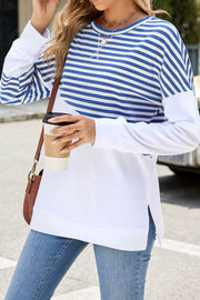 Solid Color Striped Colorblock Round Neck Long Sleeve Sweatshirt