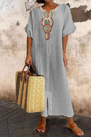 Linen Cotton Embroidered Slit Dress