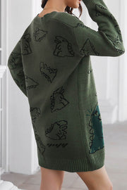 Cute Dinosaur Cartoon Jacquard V-Neck Long Sleeve Sweater Dress