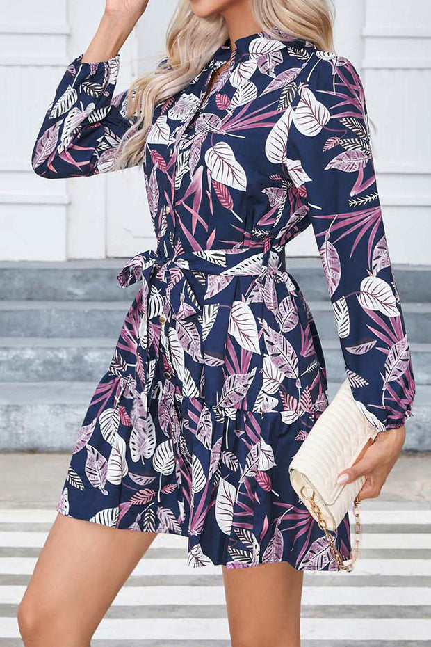 Printed Button Long Sleeve Dress