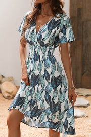 Leaf Print V Neck Short Sleeve Midi Dress