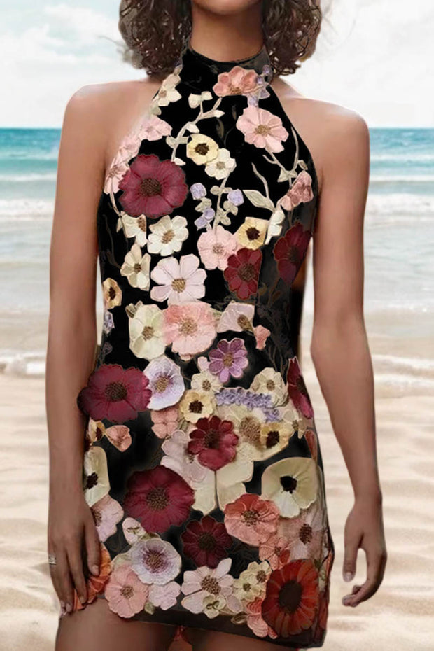 3D Lace Flower Embroidered Halter Sleeveless Dress