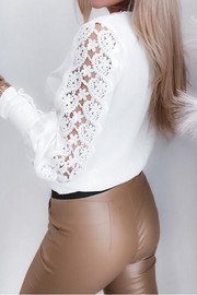 Solid Lace V-Neck 3/4 Sleeves Puff Sleeve Elegant Blouses
