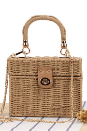 Box Shape Top-Handle Woven Straw Beach Handbag