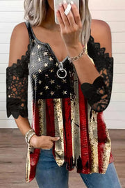 American Flag Star Striped Lace Cold Shoulder Blouse